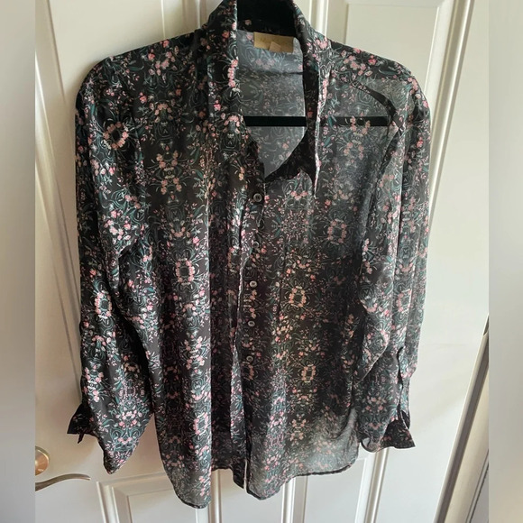 ModCloth Shirt Women's Large Black & Green Floral Button Up Roll Tab Sleeve 2X - Picture 1 of 4